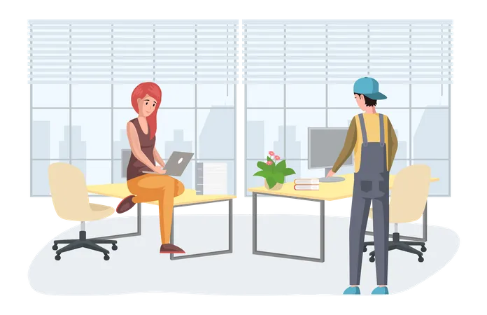 Man And Woman Stand Near Computer Solve Problems And Do Business Planning At Workplace Team Work Meeting Boss Talks To Subordinate Man Works And Communicates With Colleague In Office Workspace Illustration