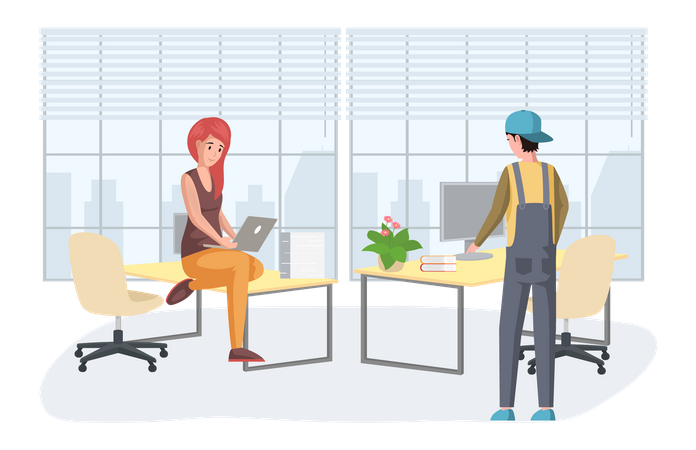 Man and woman stand near computer  Illustration