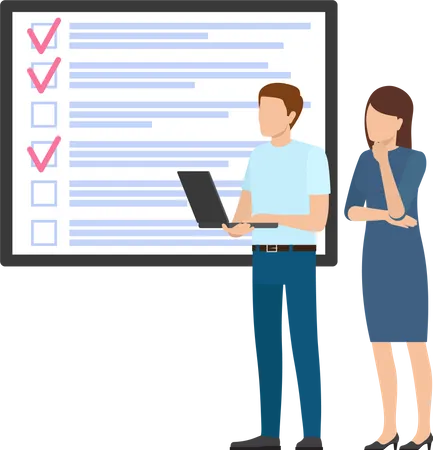 Man and woman stand near to do list and discuss schedule  Illustration