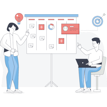 Man and woman stand together in front of a whiteboard engaged in discussion or presentation  Illustration