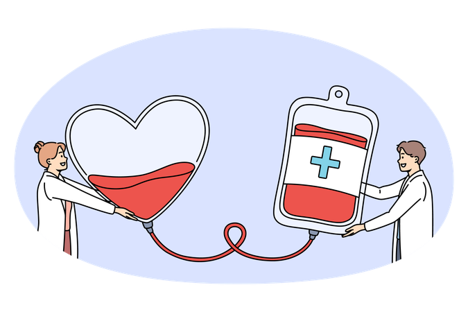 Man and woman standing and holding heart and donation box for blood in hands with lettering above  Illustration