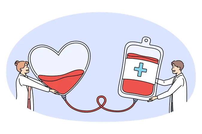 Man and woman standing and holding heart and donation box for blood in hands with lettering above  Illustration