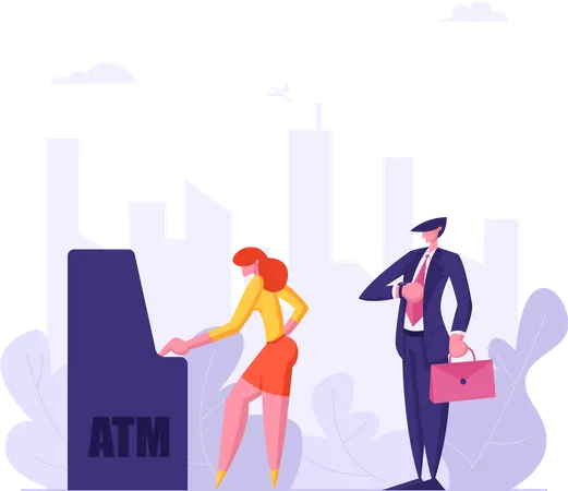 Man and Woman Standing in Atm Line  Illustration