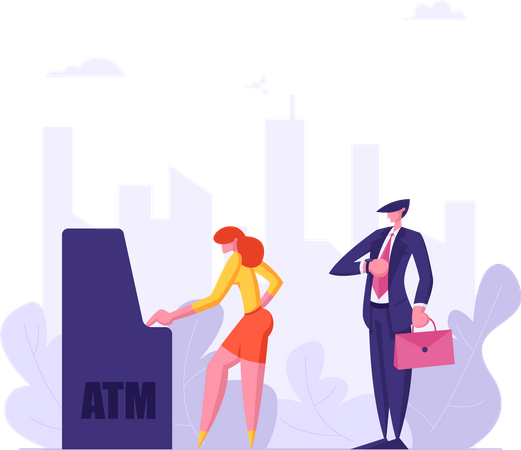 Man and Woman Standing in Atm Line  Illustration