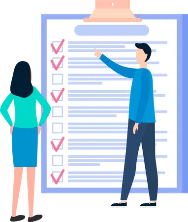 Month Scheduling To Do List Time Management Concept Man And Woman Stand Near To Do List And Discuss Schedule Plan Fulfilled Task Completed Timetable Sheet People Work With Check List Planning Illustration
