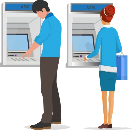 Man and woman standing to withdraw money from an ATM  Illustration