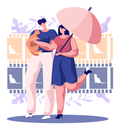 Man and woman strolling under rain  Illustration