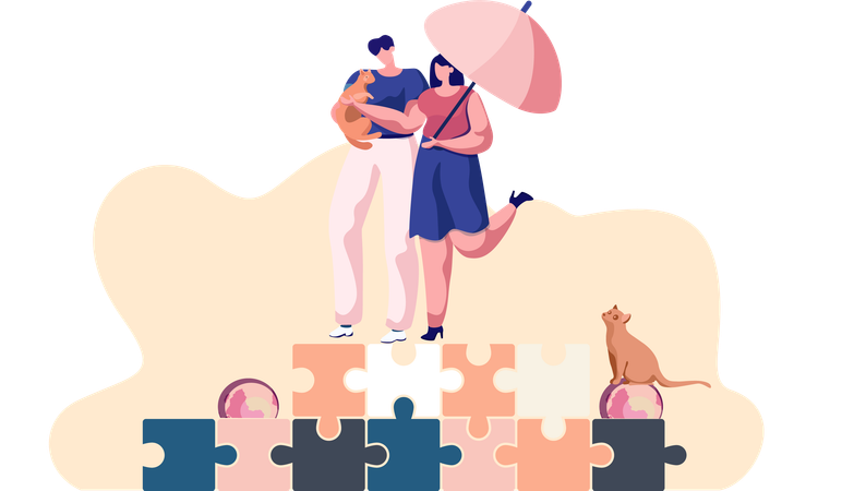 Man and woman strolling under rain or sunshine with umbrella  Illustration