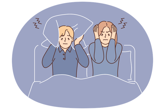 Man and woman suffering from insomnia sit in bed and cover ears with pillow due to noisy neighbors  Illustration