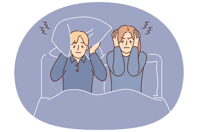 Man and woman suffering from insomnia sit in bed and cover ears with pillow due to noisy neighbors  Illustration