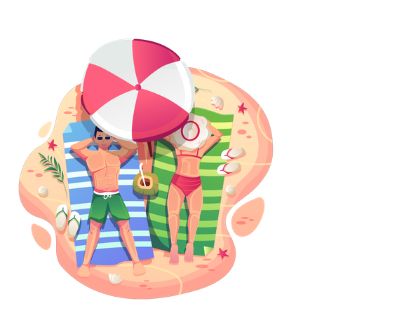 Man and Woman sunbathing in the sun under an umbrella at the beach  Illustration