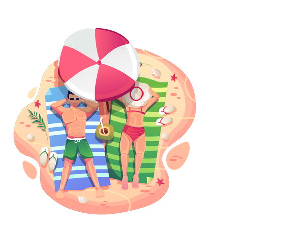 Man and Woman sunbathing in the sun under an umbrella at the beach  Illustration