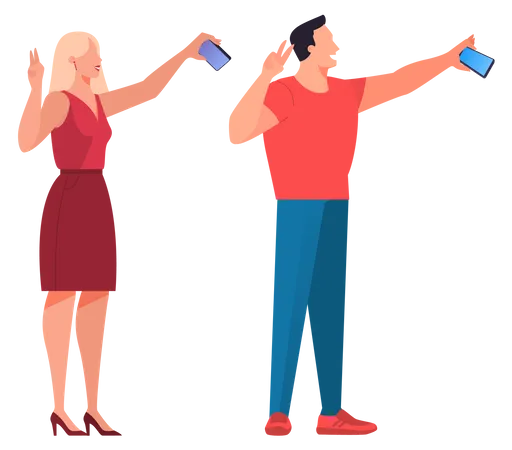 Man and woman taking picture on mobile Illustration
