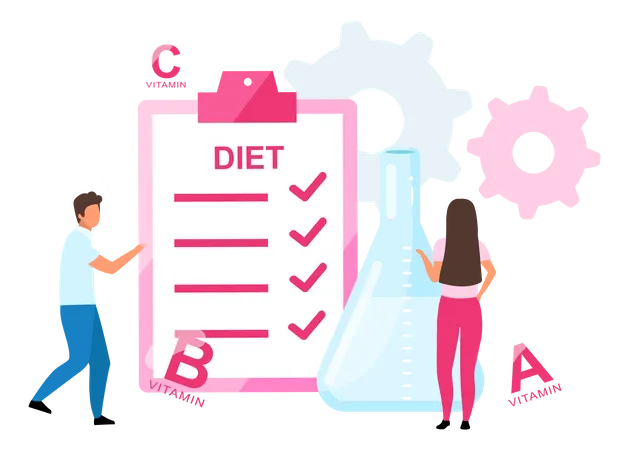 Food Supplements In Diet Plan Flat Vector Illustration Man And Woman Taking Synthetic Vitamins Pharmacologists Creating Dietary Pills Formula Isolated Cartoon Character On White Background Illustration