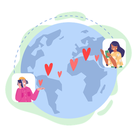 Man and woman talking at different parts of planets  Illustration