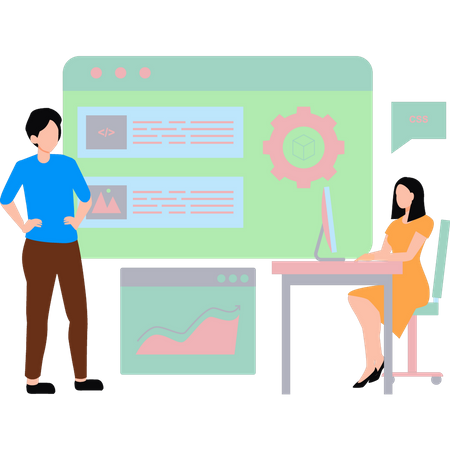 Man and woman talking on analysis graph  Illustration