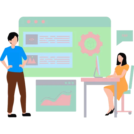 Man and woman talking on analysis graph  Illustration