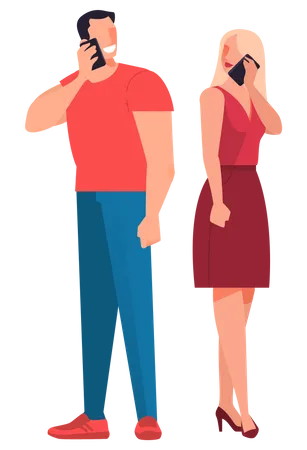 Man and woman talking on mobile Illustration