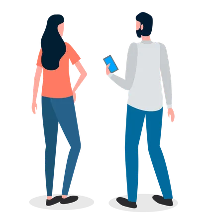 Man And Woman Talking To Each Other Man Is Holding A Mobile Phone In His Hand And Looking At The Screen Male And Female Characters Back View Full Height Communication Of People Staff Conversation Illustration