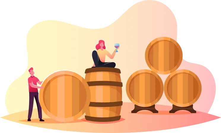 Tiny Man And Woman Characters In Vault Man Roll Huge Wooden Barrels Girl Hold Wineglass Drinking Red Wine Alcohol Drink Tasting On Vineyard Winery Winemaking Cartoon People Vector Illustration Illustration