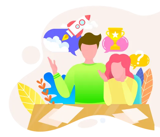 Teamwork Of Man And Woman Working With Documents People Thinking On Startup And Business Development Table With Office Papers Rocket And Winning Prize In Thoughts Of Employees Vector In Flat Illustration