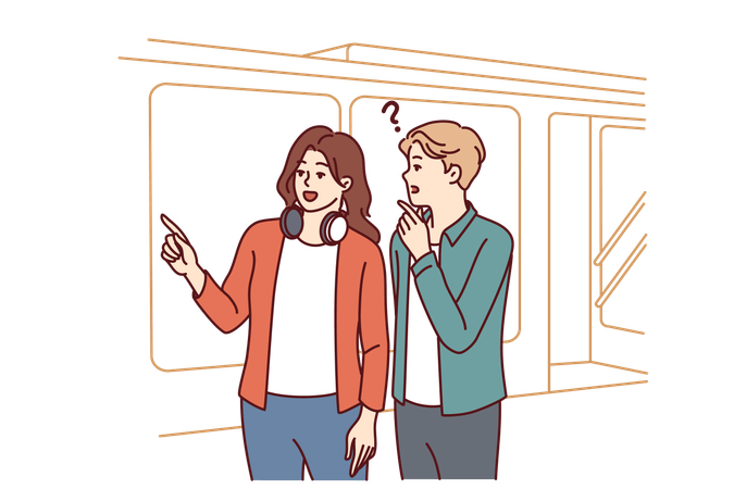 Man and woman tourists are standing near subway on tramway car  Illustration