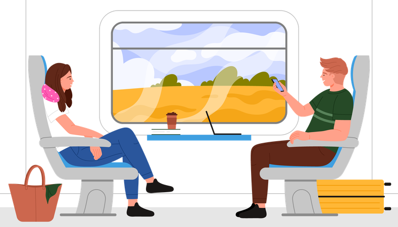 Man and woman travel in train compartment  Illustration