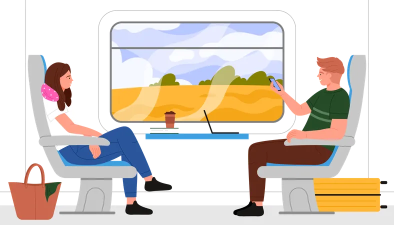 Man And Woman Travel In Train Compartment Vector Illustration Cartoon Inside Train Car Scene With Girl Sitting In Chair With Neck Pillow Guy Holding Phone To Take Photo Of Landscape Outside Window Illustration