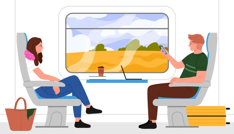 Man and woman travel in train compartment  Illustration