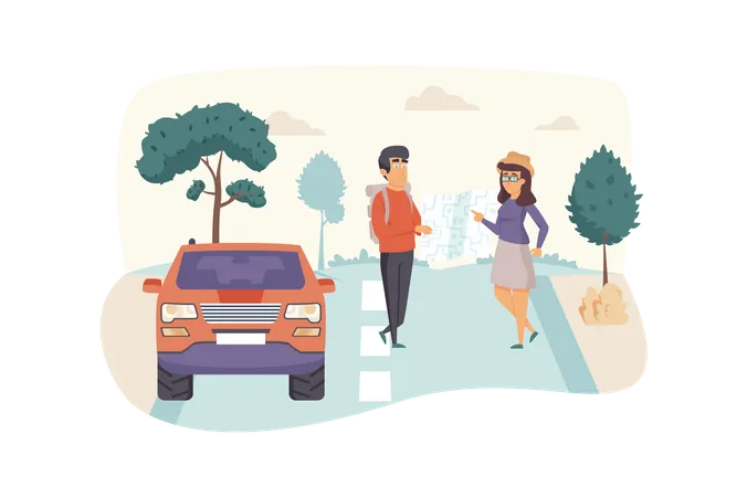 Man and woman travelers look at map, trip by car Illustration