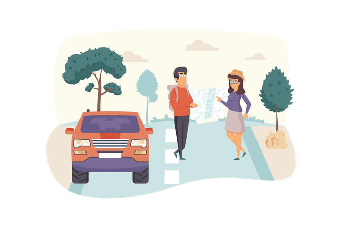 Man and woman travelers look at map, trip by car  Illustration