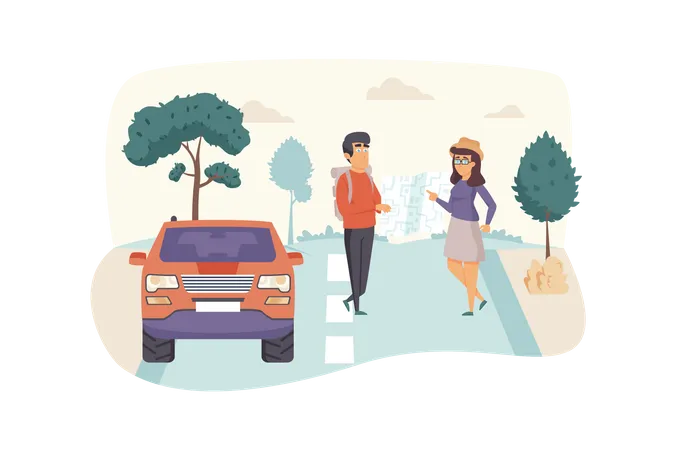 Man and woman travelers look at map, trip by car  Illustration