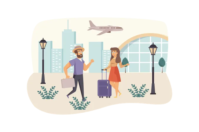 Man and woman travelers with luggage go in airport Illustration