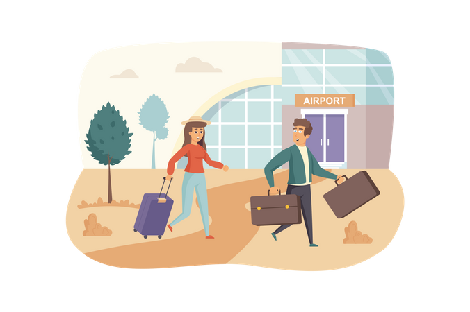 Man and woman travelers with luggage go in airport  Illustration