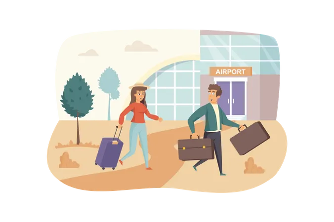 Man and woman travelers with luggage go in airport  Illustration