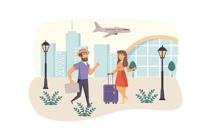 Man and woman travelers with luggage go in airport  Illustration