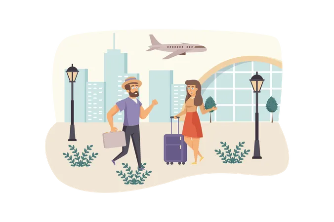 Man and woman travelers with luggage go in airport  Illustration