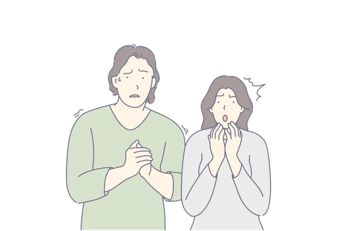 Frightened People Scared Couple Shocked Friends Concept Man And Woman Trembling With Fear Nervous Guy Sweating Clasping Hands Terrified Lady Panicking Emotional Tension Simple Flat Vector Illustration