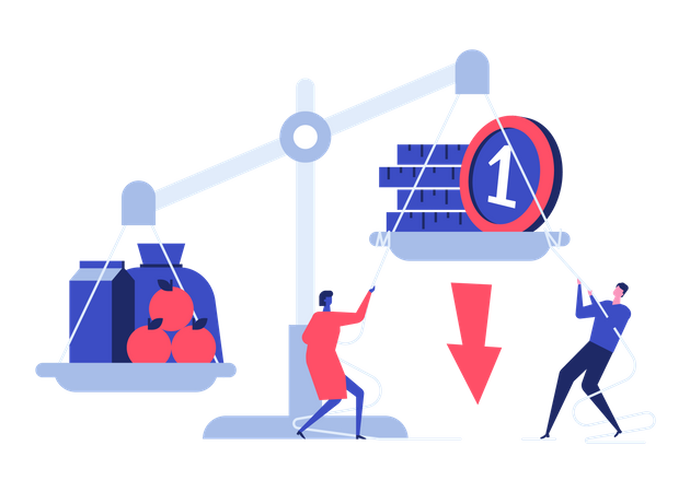 Man and woman trying to lower scales with coins so that provisions outweighs it  Illustration