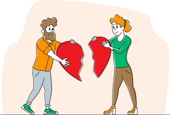 Man and Woman Trying to Put Parts of Broken Heart Illustration