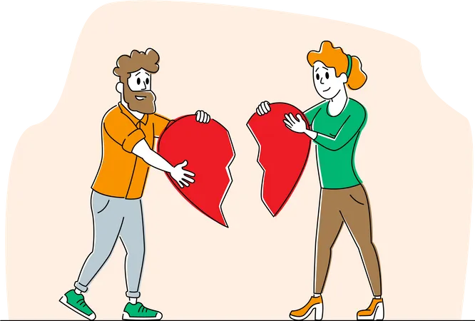 Heartbroken Couple Parting Divorce Man And Woman Characters Trying To Put Together Parts Of Broken Heart End Of Unhappy Relations And Love Despair Loneliness Linear People Vector Illustration Illustration