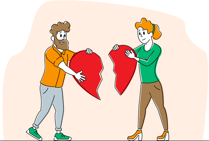 Man and Woman Trying to Put Parts of Broken Heart  Illustration