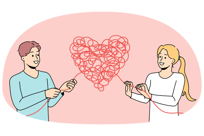 Man and woman untangle heart solve relationship problem.  Illustration