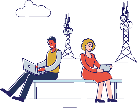 Man And Woman Using High Speed Internet Technology for Communication and Gadgets Illustration