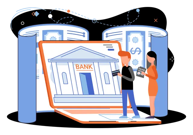 Man and woman using online banking platform transfer money  Illustration