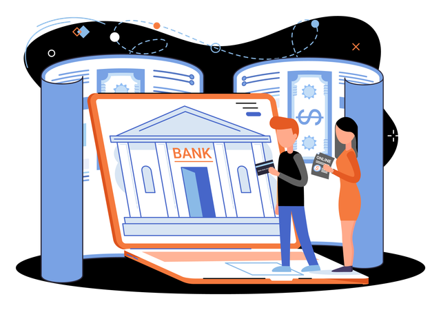 Man and woman using online banking platform transfer money  Illustration