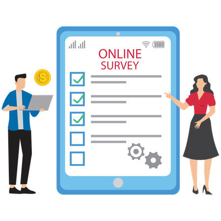 Man and woman using smartphone to fill in online survey checklist symbolizing internet feedback  Illustration