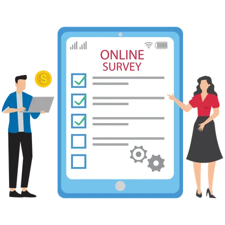Man and woman using smartphone to fill in online survey checklist symbolizing internet feedback  Illustration