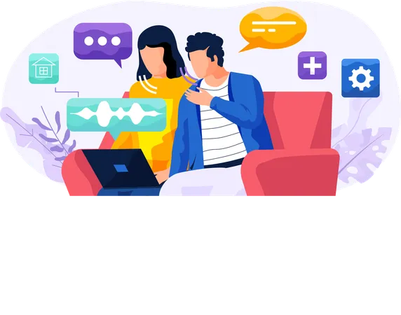 Man and woman using voice assistant in Video call  Illustration