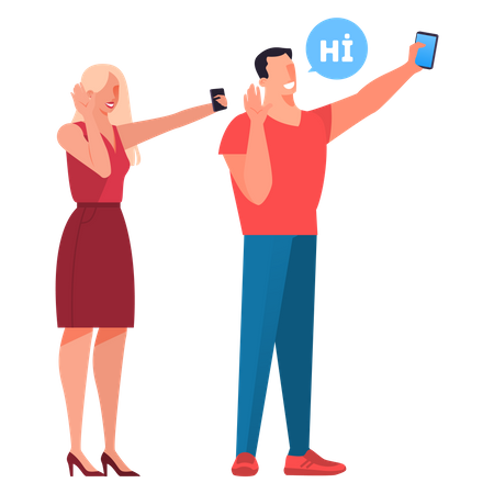Man and woman video calling on mobile Illustration